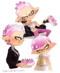  1girl alternate_hairstyle ava-riel crown earrings highres hime_(splatoon) jewelry mohawk mole mole_under_mouth pink_hair pixie_cut pointy_ears short_hair smile sparkle splatoon splatoon_2 tentacle_hair tumblr_username yellow_eyes zipper 