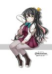  1girl artist_name black_hair boots bow bowtie cross-laced_footwear dated fang full_body grey_legwear hair_ribbon halterneck invisible_chair kantai_collection lace-up_boots long_hair masara_(masalucky2010) multicolored_hair naganami_(kantai_collection) pantyhose pink_hair ribbon school_uniform shirt sitting solo twitter_username two-tone_hair wavy_hair white_background white_shirt yellow_eyes 