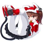 1girl :d bell black_skirt brown_eyes brown_hair dd_(ijigendd) fur_trim gloves hat kantai_collection long_sleeves looking_at_viewer open_mouth pantyhose pleated_skirt ryuujou_(kantai_collection) santa_costume santa_hat simple_background skirt smile solo twintails white_background white_gloves white_legwear 