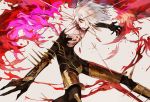  1boy armor bodysuit collar earrings fate/apocrypha fate_(series) fighting_stance fire flame greaves hair_over_one_eye jewelry karna_(fate) looking_at_viewer male_focus mo_(mocopo) one_eye_covered parted_lips silver_hair solo spiked_collar spikes vambraces yellow_eyes 