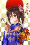  1girl animal ball bangs blue_kimono brown_eyes brown_hair checkered checkered_background checkered_kimono closed_eyes closed_mouth commentary dog ema fingernails floral_print flower hair_between_eyes hair_flower hair_ornament happy_new_year highres holding holding_animal japanese_clothes kanzashi kimono long_sleeves looking_at_viewer medium_hair nengajou new_year obi original paw_print petals pink_flower ponytail print_kimono print_obi rope sash shiny shiny_hair sidelocks smile tassel temari_ball translated upper_body white_background wide_sleeves year_of_the_dog yellow_background yuitanpo 