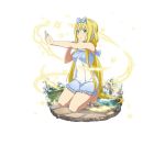  1girl alice_schuberg barefoot blonde_hair blue_eyes blue_towel frilled_towel frills full_body hair_between_eyes kneeling long_hair looking_at_viewer naked_towel outstretched_arm parted_lips simple_background solo sword_art_online towel very_long_hair white_background 