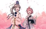  2girls black_eyes cherry_blossoms closed_eyes grey_hair hat japanese_clothes kariginu kimono long_hair meimaru_inuchiyo mob_cap mononobe_no_futo multiple_girls open_mouth petals pink_hair pom_pom_(clothes) ponytail saigyouji_yuyuko short_hair sleeves_past_wrists smile tate_eboshi touhou triangular_headpiece wavy_hair wide_sleeves 