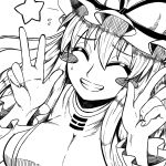  1girl bangs blush_stickers breasts closed_eyes double_v eyebrows_visible_through_hair flying_sweatdrops greyscale hair_between_eyes hat hat_ribbon highres himajin_no_izu large_breasts long_hair long_sleeves mob_cap monochrome ribbon sidelocks simple_background smile solo star sweat touhou upper_body v white_background yakumo_yukari 