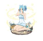  1girl asuna_(sao-alo) barefoot blue_eyes blue_hair blue_towel frilled_towel frills full_body hand_in_hair kneeling long_hair looking_at_viewer naked_towel parted_lips pointy_ears ponytail sidelocks simple_background smile solo sword_art_online towel white_background 
