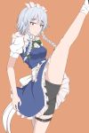  1girl bike_shorts braid eyebrows_visible_through_hair grey_hair highres intirami izayoi_sakuya leg_lift maid orange_background short_twintails simple_background solo split standing standing_on_one_leg thigh_strap thighs touhou twin_braids twintails 