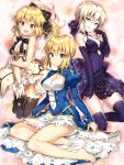  3girls :d ahoge artoria_pendragon_(all) black_dress blonde_hair bow breasts cleavage dress elbow_gloves fate/grand_order fate/stay_night fate_(series) gloves green_eyes hair_bow hair_ribbon kneeling multiple_girls open_mouth ponytail ribbon riichu saber saber_alter saber_lily silver_hair sitting smile thigh-highs wariza yellow_eyes zettai_ryouiki 