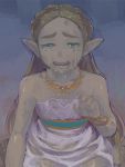  1girl aqua_eyes bare_shoulders barefoot bracelet braid collarbone crying crying_with_eyes_open dress eyelashes facing_viewer flat_chest forehead french_braid half-closed_eyes jewelry light_brown_hair long_hair looking_at_viewer natto_soup necklace open_mouth palms princess princess_zelda sash see-through single_braid sitting solo straight_hair strapless strapless_dress streaming_tears tears teeth the_legend_of_zelda the_legend_of_zelda:_breath_of_the_wild thick_eyebrows wariza wet wet_clothes wet_dress wet_hair white_dress 