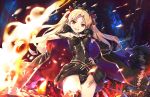  1girl :d black_cape black_dress black_panties blonde_hair bow breasts brown_eyes cape commentary_request cowboy_shot crown cura dress earrings ereshkigal_(fate/grand_order) eyebrows_visible_through_hair fate/grand_order fate_(series) fire fur_trim hair_bow jewelry medium_breasts open_mouth panties red_bow smile solo sparks standing thigh-highs tohsaka_rin two_side_up underwear 