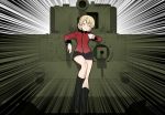  1girl bangs black_footwear black_skirt blonde_hair boots braid churchill_(tank) cup darjeeling emphasis_lines epaulettes girls_und_panzer ground_vehicle holding jacket long_sleeves military military_uniform military_vehicle miniskirt motor_vehicle pleated_skirt red_jacket short_hair sitting skirt solo st._gloriana&#039;s_military_uniform tank teacup tied_hair twin_braids uniform wata_do_chinkuru 