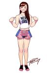  1girl breasts brown_hair commentary d.va_(overwatch) earrings full_body grin hair_over_shoulder highres jewelry long_hair navel overwatch pointing pointing_at_self robert_porter shorts small_breasts smile socks solo standing straight_hair tank_top whisker_markings 