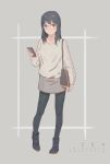  1girl bag black_hair black_legwear boots brown_eyes cellphone fashion glasses handbag highres legs long_hair looking_at_viewer pantyhose phone simple_background smartphone sweater wudi_sao_nian 