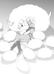  1girl altera_(fate) beltbra blush boots closed_eyes closed_mouth commentary_request dark_skin fate/grand_order fate_(series) greyscale long_hair lying mittens monochrome on_side sheep shiromako sleeping veil 