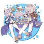  1boy 1girl absurdres album_cover animal_ears blade_(galaxist) blue_eyes blush cat cat_ears cat_tail catboy cover drum hairband highres instrument ledo_vassar light_blue_hair long_hair lucille_aleister official_art one_eye_closed open_mouth pop-up_story school_uniform shiroe_adele silver_hair skirt smile sparkle tail thigh-highs trumpet violin white_legwear 