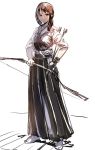  1girl archery arrow bangs bow_(bhp) bow_(weapon) brown_eyes brown_hair character_request closed_mouth copyright_request full_body geta hakama holding holding_bow_(weapon) holding_weapon japanese_clothes looking_at_viewer muneate simple_background sketch sleeves_rolled_up solo standing weapon white_background white_legwear 