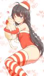  1girl ;) ahoge ass black_hair blush braid breasts cat chouge60229 elbow_gloves gloves hat heart holding_cat licking long_hair looking_at_viewer one_eye_closed pom_pom_(clothes) red_hat red_legwear santa_hat school_uniform small_breasts smile striped striped_legwear thigh-highs very_long_hair yahari_ore_no_seishun_lovecome_wa_machigatteiru. yukinoshita_yukino 