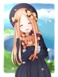  1girl :d abigail_williams_(fate/grand_order) bangs black_bow black_dress black_hat blonde_hair blue_sky blush bow butterfly closed_eyes clouds cloudy_sky commentary_request crying day dress eyebrows_visible_through_hair facing_viewer fate/grand_order fate_(series) hair_bow hands_in_sleeves hat horizon karu_(qqqtyann) long_hair long_sleeves object_hug ocean open_mouth orange_bow parted_bangs polka_dot polka_dot_bow sky smile solo stuffed_animal stuffed_toy tears teddy_bear very_long_hair 