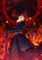  1boy 1girl armor armored_dress artoria_pendragon_(all) berserker_(fate/zero) blonde_hair dark_excalibur fate/hollow_ataraxia fate/zero fate_(series) hair_bun highres holding holding_sword holding_weapon knight ryota-h saber_alter sword weapon yellow_eyes 