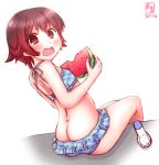 1girl artist_name ass back bikini bikini_skirt blue_bikini bottle butt_crack collarbone dated dimples_of_venus eating food fruit gradient_hair highres holding holding_fruit kanon_(kurogane_knights) kantai_collection logo looking_at_viewer looking_back melon multicolored_hair mutsuki_(kantai_collection) open_mouth outdoors popsicle red_eyes short_hair signature solo swimsuit watermelon watermelon_bar 