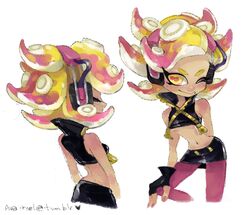  1girl ava-riel black_shirt crop_top dark_skin heart hime_(splatoon) midriff mole mole_under_mouth octarian pink_hair pink_legwear prototype shirt simple_background splatoon splatoon_2 tentacle_hair tumblr_username white_background yellow_eyes 