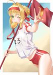  1girl ahoge blonde_hair blush braid buruma closed_mouth commentary_request cowboy_shot fate/grand_order fate_(series) fingernails flag green_eyes hair_bun hair_intakes hand_up headband highres lips looking_at_viewer medal mouth_hold name_tag nero_claudius_(fate) nero_claudius_(fate)_(all) olympian_bloomers one_eye_closed pink_lips puffy_short_sleeves puffy_sleeves saruchitan shirt short_hair short_sleeves smile solo standing v white_shirt 