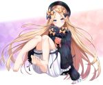  1girl abigail_williams_(fate/grand_order) bangs barefoot black_bow black_dress black_hat blonde_hair bloomers blue_eyes blush bow butterfly closed_mouth dress fate/grand_order fate_(series) feet full_body hair_bow hands_in_sleeves hat head_tilt long_hair long_sleeves looking_at_viewer object_hug orange_bow parted_bangs polka_dot polka_dot_bow shimo_(shimo_00) sitting smile soles solo stuffed_animal stuffed_toy teddy_bear toes underwear very_long_hair white_bloomers 