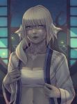  1girl au_ra blonde_hair blue_eyes blurry blurry_background breasts cleavage collarbone commission dragon_horns final_fantasy final_fantasy_xiv glasses horns lips long_hair looking_at_viewer medium_breasts navel open_clothes rimless_eyewear sarashi scales solo soranamae upper_body window 