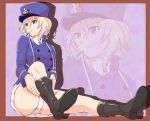  1girl adjusting_footwear bangs bc_freedom_(emblem) bc_freedom_military_uniform black_footwear blonde_hair blue_eyes blue_jacket blue_vest boots closed_mouth commentary_request crotch_seam egooo emblem eyebrows_visible_through_hair full_body girls_und_panzer girls_und_panzer_saishuushou hat high_collar jacket leg_up long_sleeves looking_to_the_side military military_hat military_uniform oshida_(girls_und_panzer) panties pantyshot pantyshot_(sitting) pleated_skirt shadow shako_cap short_hair sitting skirt solo underwear uniform vest white_panties white_skirt zoom_layer 