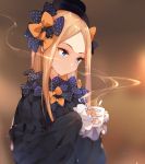  1girl abigail_williams_(fate/grand_order) bangs black_bow black_hat blonde_hair blue_eyes blurry blurry_background bow closed_mouth commentary_request cup depth_of_field fate/grand_order fate_(series) forehead frilled_sleeves frills from_side hair_bow hana_mori hat highres holding holding_cup light_particles long_hair looking_down orange_bow parted_bangs polka_dot polka_dot_bow shiny shiny_hair solo steam upper_body 