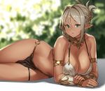  1girl armlet bare_shoulders bikini_top blurry blurry_background bracer breasts cleavage dark_skin earrings folded_ponytail green_eyes grey_hair houtengeki jewelry large_breasts loincloth looking_at_viewer lying navel o-ring original pointy_ears solo thigh_strap white_bikini_top 