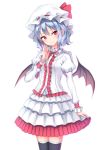  1girl bat_wings black_legwear blue_hair center_frills closed_mouth frilled_skirt frills hand_up hat hat_ribbon head_tilt highres juliet_sleeves junior27016 layered_skirt long_sleeves looking_at_viewer miniskirt mob_cap neck_ribbon puffy_sleeves red_eyes red_ribbon remilia_scarlet ribbon simple_background skirt smile solo standing thigh-highs touhou white_background white_hat white_skirt wings wrist_cuffs 