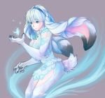  1girl animal_ears blue blue_eyes breasts bunny_tail claws fur highres large_breasts long_hair paws rabbit_ears simple_background smile snow solo tail tsuki_(xenoblade) white_hair xenoblade xenoblade_2 