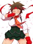  1girl brown_hair closed_eyes finger_to_nose fingerless_gloves gloves headband highres kasugano_sakura konboi-eg petals short_hair simple_background skirt smile solo street_fighter street_fighter_v 