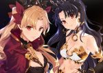  2girls bare_shoulders between_breasts black_background black_hair blonde_hair bow breasts bridal_gauntlets cape choker cleavage cloak closed_mouth collarbone crown detached_collar detached_sleeves dual_persona earrings elbow_gloves ereshkigal_(fate/grand_order) eyebrows_visible_through_hair fate/grand_order fate_(series) fingerless_gloves gloves hair_bow hair_ribbon hand_on_hip hood hooded_cloak hoodie ishtar_(fate/grand_order) jewelry long_hair looking_at_viewer medium_breasts midriff multiple_girls navel red_eyes ribbon simple_background single_elbow_glove skull smile strapless tohsaka_rin tubetop twintails two_side_up yang-do 