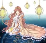  1girl annabel-m breasts brown_cape brown_hair cape cleavage closed_mouth diadem dress earth eyebrows_visible_through_hair fur_trim green_eyes holding_star large_breasts long_hair looking_at_viewer original planet seiza sitting smile solo space star star_(sky) thigh-highs twitter_username very_long_hair white_dress white_legwear 