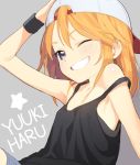  1girl bare_shoulders baseball_cap blue_shorts blush camisole character_name commentary_request doremi grey_background hair_between_eyes hand_up hat idolmaster idolmaster_cinderella_girls looking_at_viewer off_shoulder one_eye_closed orange_hair shorts simple_background solo star strap_slip violet_eyes wristband yuuki_haru 