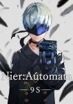  1boy 55level black_feathers black_gloves blindfold character_name choker copyright_name covered_eyes cube gloves highres light_smile nier_(series) nier_automata silver_hair solo yorha_no._9_type_s 