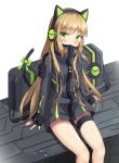  1girl animal_ears arms_at_sides bag bangs black_jacket blush bow cat_ear_headphones cat_ears cat_tail character_name commentary_request covered_mouth eyebrows_visible_through_hair girls_frontline green_bow green_eyes head_tilt headphones highres jacket light_brown_hair long_hair long_sleeves looking_at_viewer seero sidelocks sitting sleeves_past_wrists solo tail tail_bow thigh_strap tmp_(girls_frontline) very_long_hair 