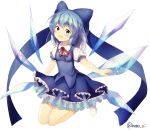  1girl absurdres blue_bow blue_eyes blue_hair bow cirno hair_bow highres ice ice_wings kneeling looking_at_viewer neno_(nenorium) open_mouth puffy_short_sleeves puffy_sleeves red_ribbon ribbon short_sleeves simple_background solo touhou twitter_username white_background wing_collar wings 