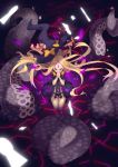  1girl abigail_williams_(fate/grand_order) absurdres bangs black_panties blonde_hair blue_eyes bow butterfly fate/grand_order fate_(series) hands_clasped hat heterochromia highres kamakura_(clupeoidei) keyhole kneeling long_hair orange_bow own_hands_together panties pink_eyes solo tentacle torn_clothes transformation underwear very_long_hair witch_hat 