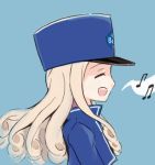  1girl bc_freedom_(emblem) bc_freedom_military_uniform blonde_hair blue_background closed_eyes commentary curly_hair girls_und_panzer hat jacket long_hair marie_(girls_und_panzer) musical_note open_mouth otoufu sidelocks smile solo upper_body 