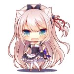  1girl animal_ears azur_lane blue_eyes blush bow cat_ears chibi choker commentary_request detached_sleeves fang garter_straps hair_bow hair_ribbon hairband hammann_(azur_lane) lifted_by_self long_hair looking_at_viewer off_shoulder one_side_up open_mouth remodel_(azur_lane) ribbon silver_hair simple_background skirt skirt_lift solo white_background white_legwear yukiyuki_441 
