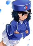  1girl andou_(girls_und_panzer) bc_freedom_(emblem) bc_freedom_military_uniform black_hair blue_hat blue_jacket blue_vest brown_eyes closed_mouth commentary_request crossed_arms dark_skin from_above girls_und_panzer girls_und_panzer_saishuushou gomashi_(goma) hat high_collar jacket long_hair long_sleeves looking_at_viewer military military_uniform miniskirt pleated_skirt shako_cap shirt simple_background skirt smile solo standing uniform vest white_background white_shirt white_skirt 