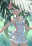  1girl artist_request green_eyes green_hair highres mallow_(pokemon) npc npc_trainer overalls pink_shirt pokemon pokemon_(game) pokemon_sm shirt shorts source_request trial_captain 