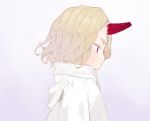  1girl blonde_hair blush closed_mouth commentary_request doremi dress from_side grey_background horn original profile red_eyes short_hair simple_background solo upper_body white_dress 