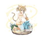  1girl animal_ears barefoot brown_hair cat_ears cat_tail collarbone floral_print frills full_body hair_between_eyes holding kneeling long_hair naked_towel orange_towel pina_(sao) red_eyes sidelocks silica_(sao-alo) simple_background smile solo sword_art_online tail towel twintails white_background 