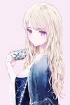  1girl bangs blonde_hair blue_capelet blue_dress blush capelet commentary_request cup dress eyebrows_visible_through_hair from_side long_hair looking_at_viewer looking_to_the_side original pink_background signature simple_background solo teacup tr_(hareru) violet_eyes 