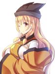  1girl blonde_hair breasts commentary_request hat highres large_breasts liya long_sleeves looking_at_viewer matara_okina one_eye_closed smile solo tabard touhou upper_body wide_sleeves yellow_eyes 