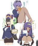  3girls :d animal_ears asarokuji assassin_(fate/prototype_fragments) bangs barefoot blue_jacket book bow bowtie breasts brown_eyes brown_footwear brown_hair brown_skirt collared_shirt commentary_request dark_skin dot_nose dumpling eyebrows_visible_through_hair facial_mark fate/grand_order fate/prototype fate/prototype:_fragments_of_blue_and_silver fate_(series) food hair_between_eyes hairband hat highres holding holding_book holding_pencil jackal_ears jacket large_breasts legs_together long_hair long_sleeves looking_at_viewer multiple_girls nitocris_(fate/grand_order) notepad one_eye_closed open_book open_mouth panties pencil pinky_out pleated_skirt red_neckwear school_uniform shirt shoes short_hair sidelocks simple_background sitting skirt smile socks squatting standing translation_request underwear very_long_hair violet_eyes white_background white_legwear white_panties white_shirt wing_collar xuanzang_(fate/grand_order) 