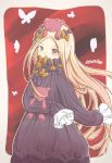  1girl abigail_williams_(fate/grand_order) absurdres bangs black_bow black_dress blonde_hair blue_eyes blush bow butterfly commentary covered_mouth dress eyebrows_visible_through_hair fate/grand_order fate_(series) hair_bow hands_in_sleeves highres long_hair long_sleeves looking_at_viewer mokamocha object_hug on_head orange_bow parted_bangs polka_dot polka_dot_bow solo stuffed_animal stuffed_toy teddy_bear very_long_hair 